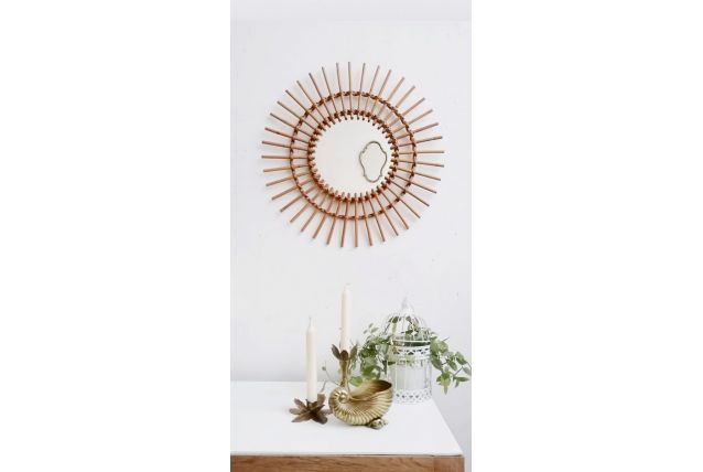 Grand miroir soleil rotin