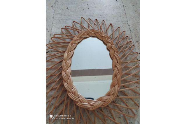 Authentique miroir en rotin des années 60-70