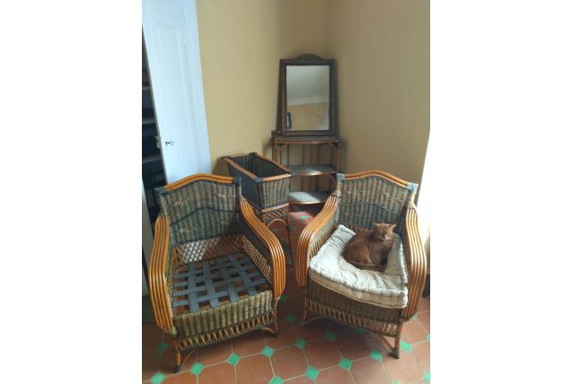 Ensemble rotin 2 fauteuils+table+jardinière+miroir+