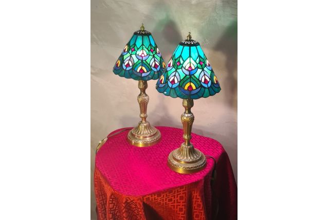 paire lampe bronze ancienne art nouveau , abat jour verre vi