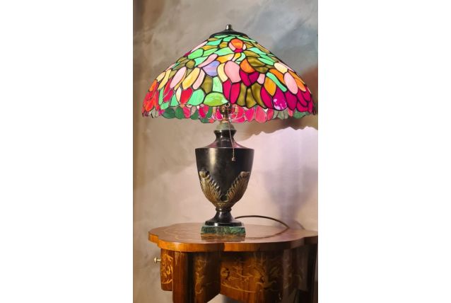 lampe fonte d acier patiné ancienne abat jour  style tiffany