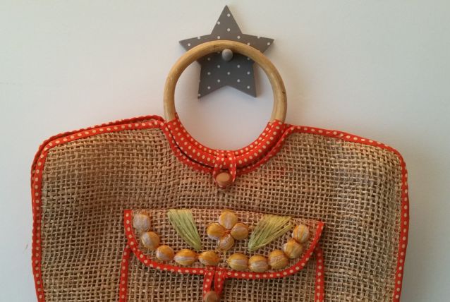 Sac/cabas rafia et coton des années 70