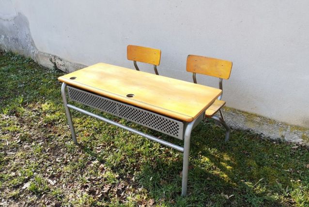 Bureau d'écolier avec encrier - Acier gris &amp; bois