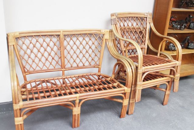 Ensemble salon de jardin en rotin vintage