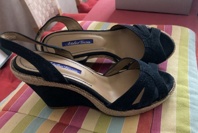 SANDALES COMPENSEES BLEU MARINE CUIR  ATELIER VOISIN 38