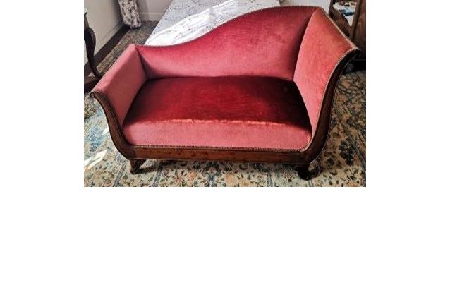 MERIDIENNE EN BATEAU ACAJOU ET VELOURS ROUGE